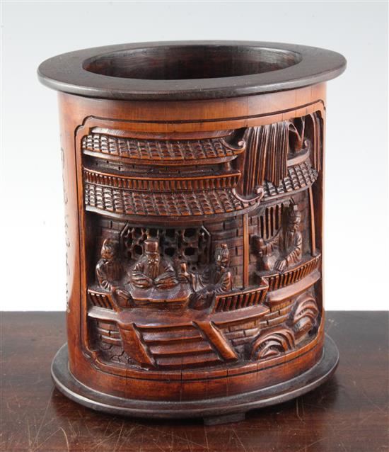 A Chinese bamboo and hardwood brushpot, height 16.5cm